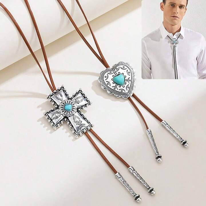 1pc Handmade Western Cowboy Leather Necktie With Cross & Heart Vintage Turquoise Bolo Tie For Men... | SHEIN