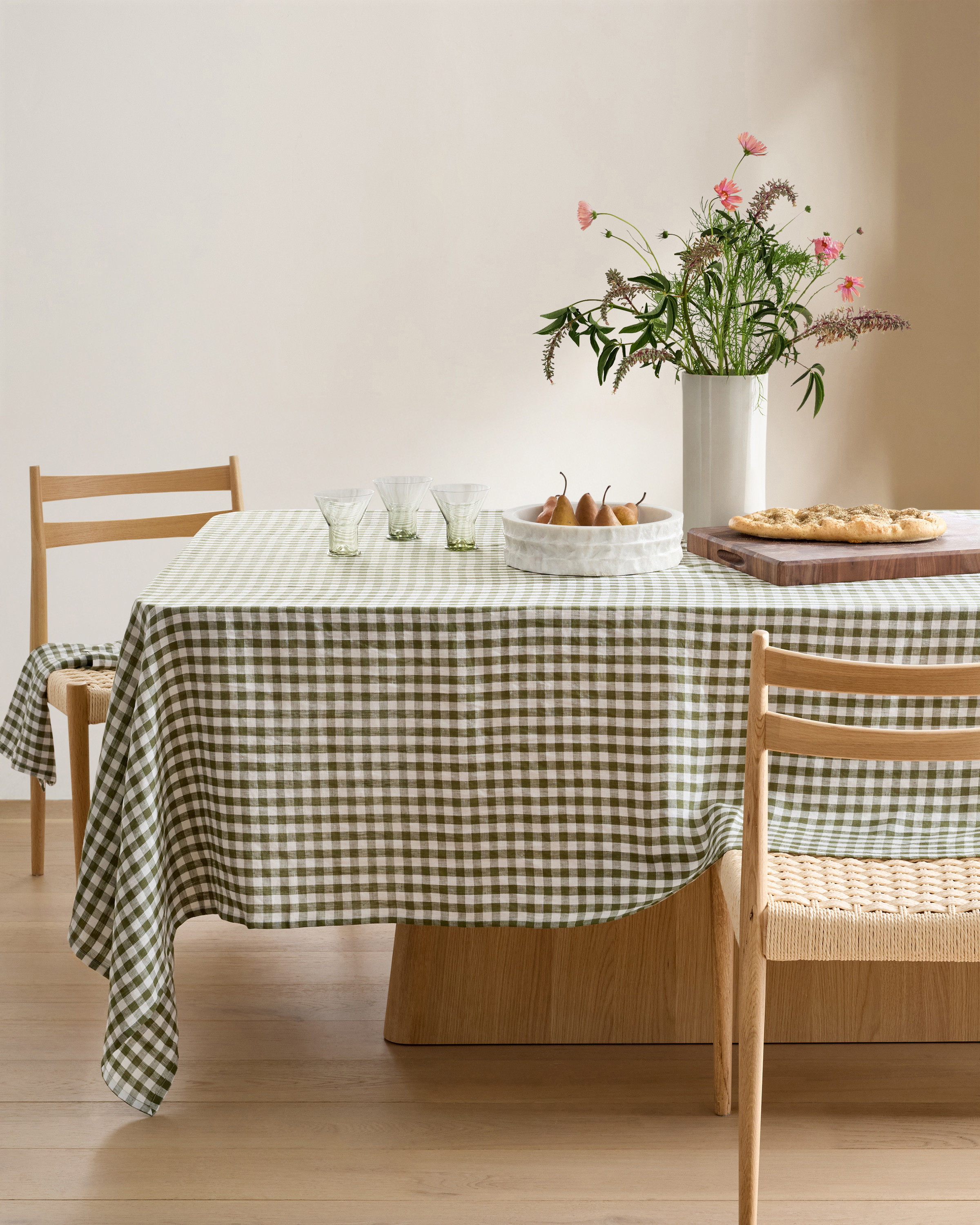 Quince | European Linen Gingham Tablecloth in Olive, Size 70x108 | Quince