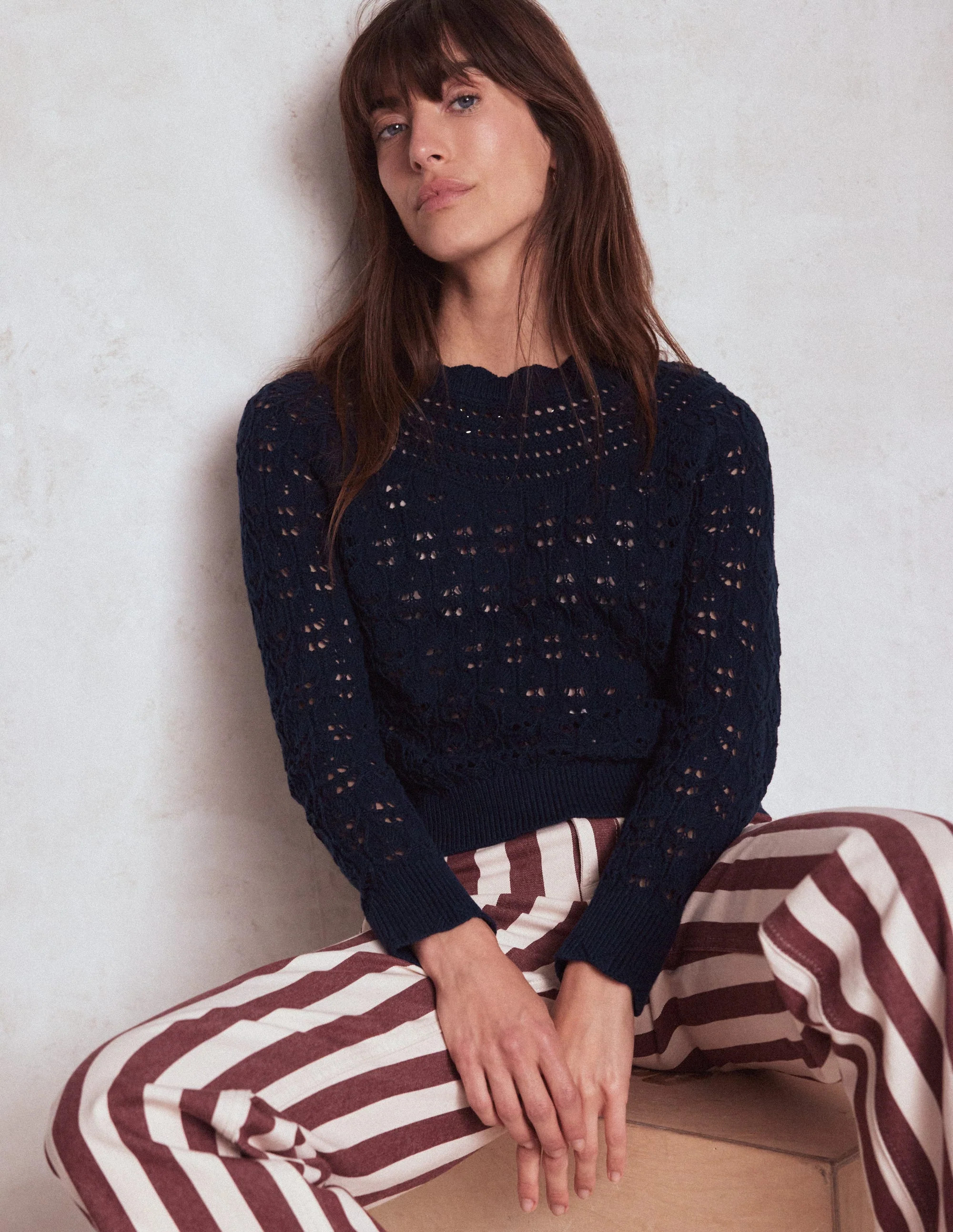 Crochet Mix Stitch Sweater-Navy | Boden (US)