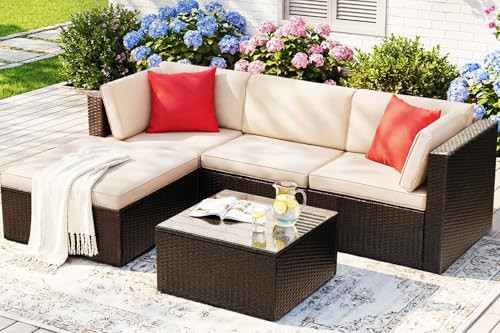 Devoko 5 Pieces Patio Furniture Sets All Weather Outdoor Sectional Patio Sofa Manual Weaving Wicker Rattan Patio Seating Sofas with Cushion and Glass Table (Beige) | Amazon (US)