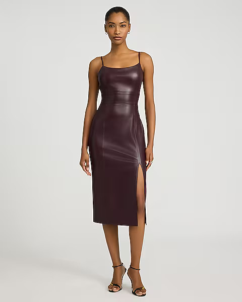 Faux Leather Scoop Neck Seamed Midi Sheath Dress | Express