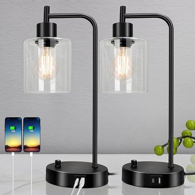 Set of 2 Industrial Table Lamps with 2 USB Charging Ports, Stepless Dimmable Black Desk Lamp with... | Amazon (US)