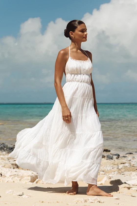 Ameera White Textured Tiered Backless Maxi Dress | Mexico vacation outfits  | Lulus