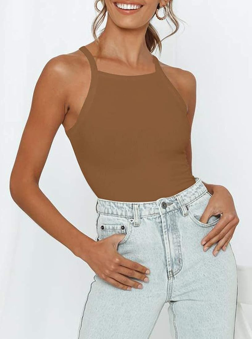 REORIA Women’s Casual Strappy Sleeveless Ribbed Knit Halter Neck Racerback Bodysuit Tank Tops | Amazon (US)