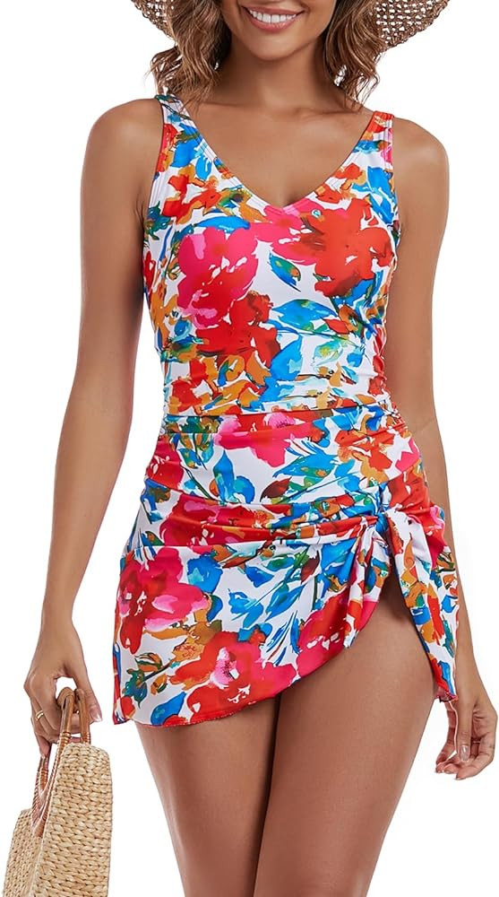 One Piece Swim Dress Swimsuits for Women Tummy Control Swimdress Skirt V Neck Bathing Suit | Amazon (US)