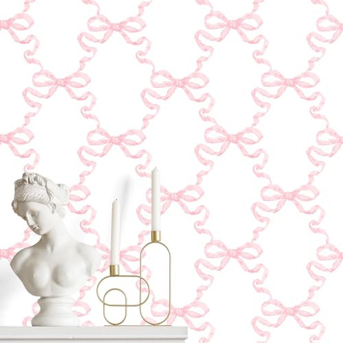 MotiMind Pink Bow Wallpaper 15.75 x 197 Inch Bow Ribbon Trellis Wallpaper Coquette Trendy Preppy Peel and Stick Ribbons Feminine Ballet Girly Adhesive Removable Coquette Room Decor | Amazon (US)