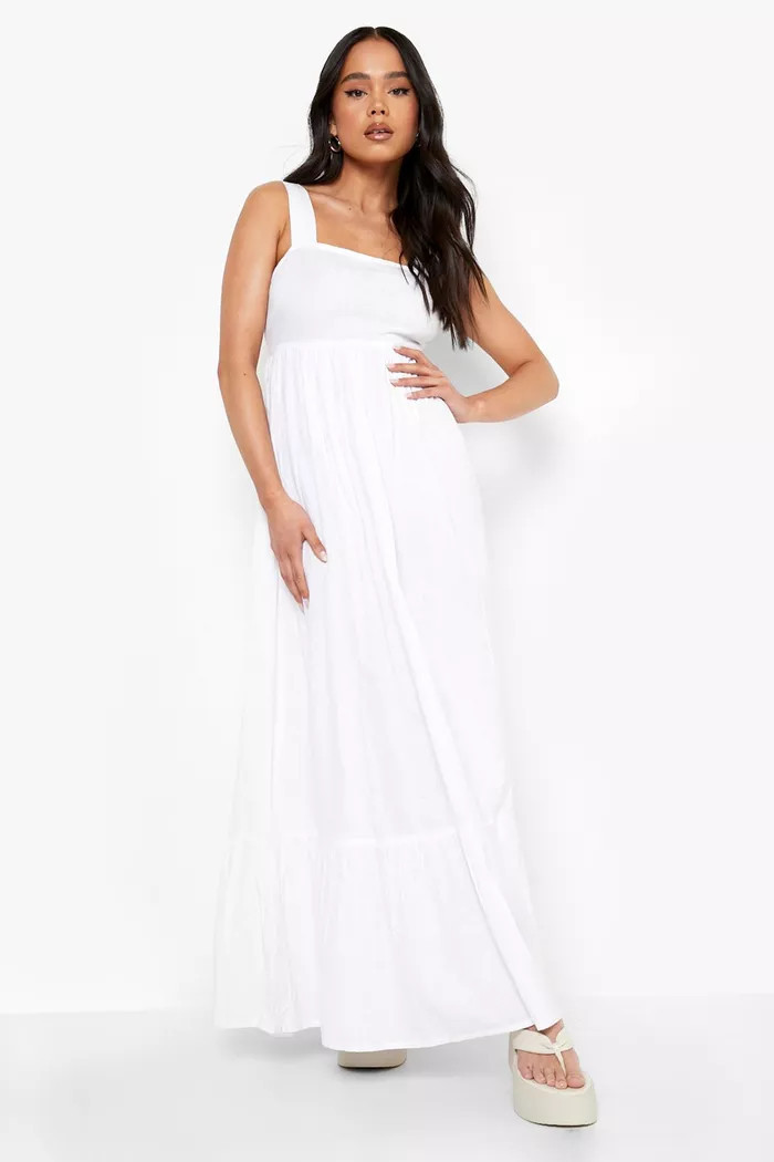 Petite Linen Look Square Neck Tie Back Maxi Dress | Boohoo.com (US & CA)