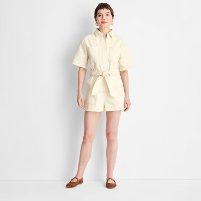 Women's Short Sleeve Utility Romper - Future Collective Cream M | Target