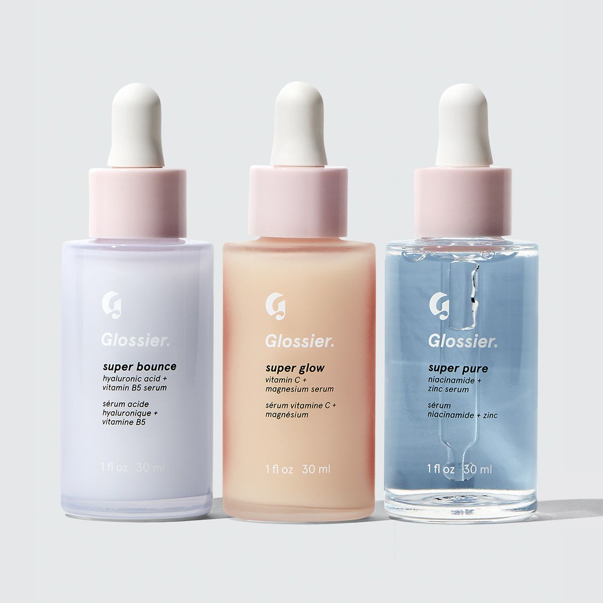 Glossier Super Pack, Our set of three serums that act as supplements for your skin: Super Glow, Super Pure, Super Bounce | Glossier