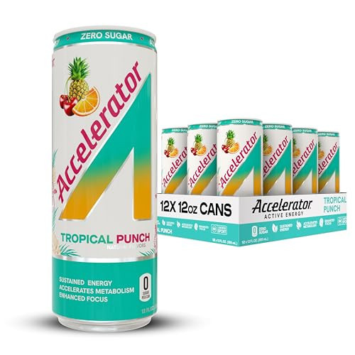 Accelerator Active Energy Drink Sugar Free Zero Carbs, Tropical Punch, 12oz can(12 pack) Enhanced Focus & Sustained Energy from 100% Natural Caffeine (200mg), Ashwagandha, Coq10 & Green Tea Extract | Amazon (US)