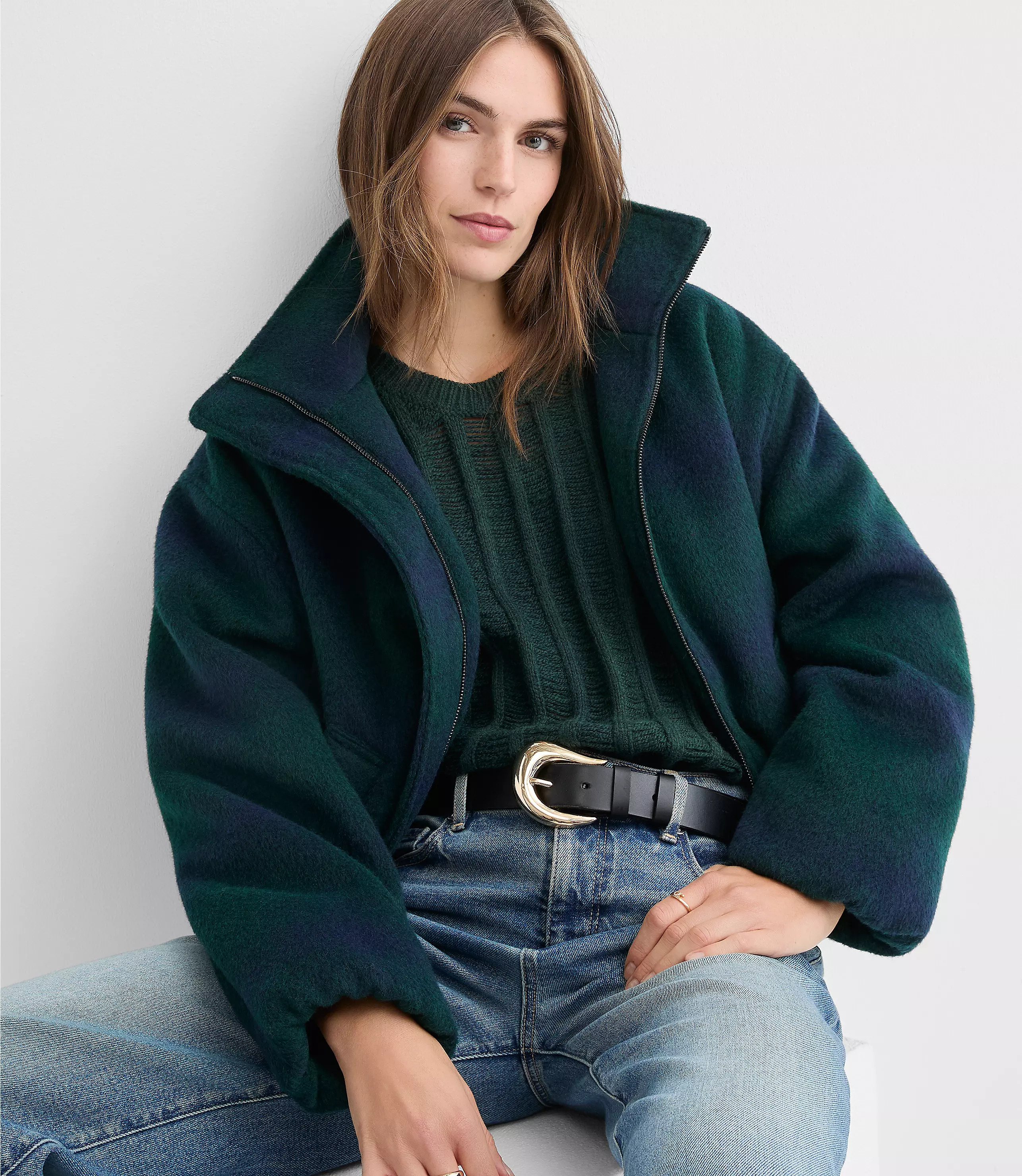 Plaid Funnel Neck Bubble Jacket | LOFT