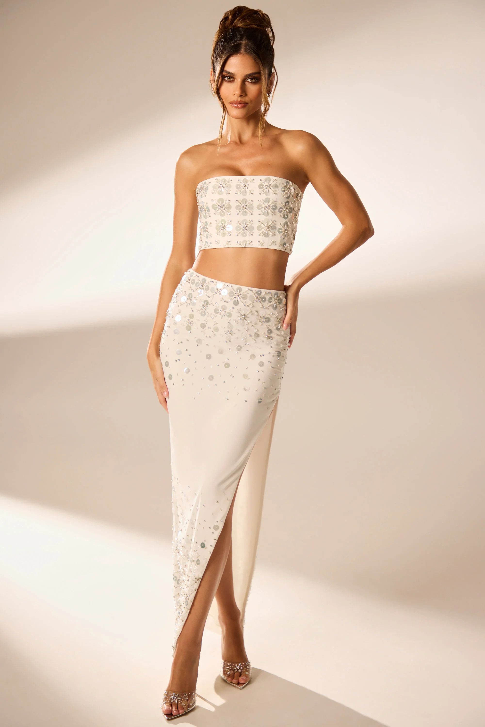 Hand Embellished Maxi Skirt in Ivory | Oh Polly