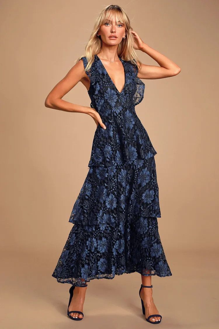Molinetto Navy Blue Lace Ruffled Tiered Sleeveless Maxi Dress Wedding Guest Dress Formal #LTKparties | Lulus (US)