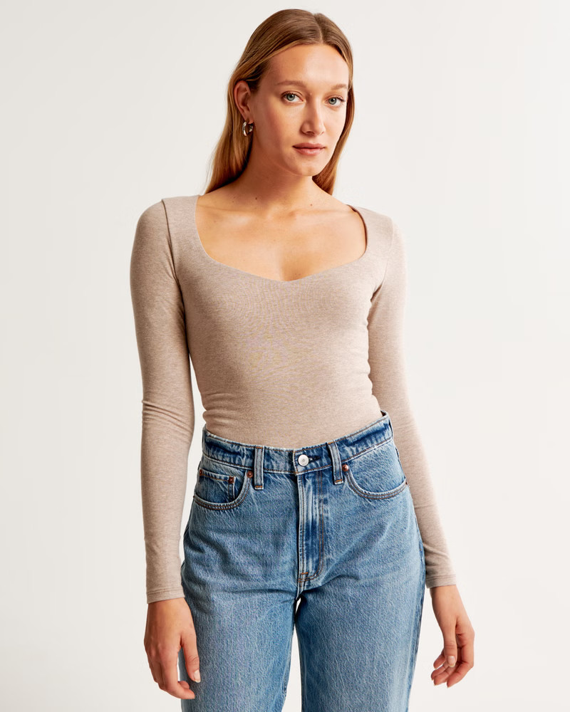 Long-Sleeve Cotton-Blend Seamless Fabric Sweetheart Bodysuit | Abercrombie & Fitch (US)