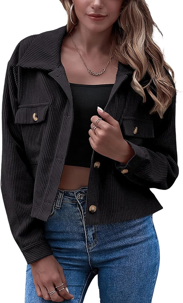 Dqbeng Women's Corduroy Cropped Jacket Button Down Crop Shacket | Amazon (US)