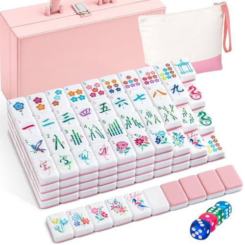 Soulchen 1.2 Inch Acrylic Pink American Mahjong Set 168 Blossom Numbered Tiles, Tiles Bag and Portable Travel Case Classic Complete Mahjong Set for Adult Collection Gift | Amazon (US)