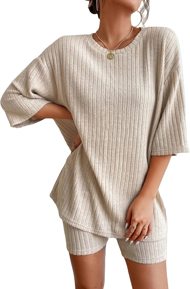 WDIRARA Women's 2 Piece Outfits Ribbed Short Sleeve Drop Shoulder Tee And Shorts Set | Amazon (US)