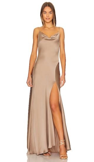 Finley Satin Gown in Nutmeg | Taupe Dress | Fall black tie dress black tie wedding guest dress fall | Revolve Clothing (Global)