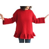 Ruffled Wool Sweater, Oversize Red Plus Size Lady in Red, Hand Knitted Woman Sweater | Etsy (US)