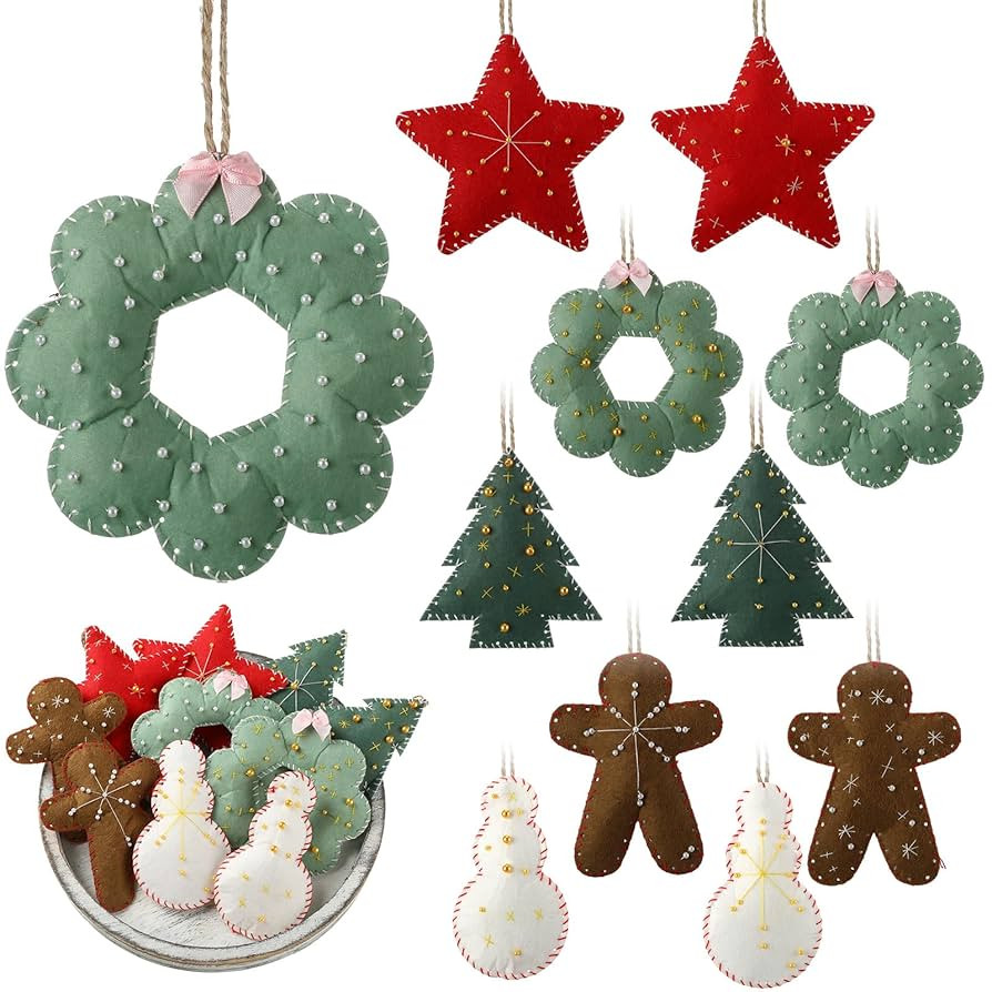 10 Pieces Embroidered Felt Christmas Ornaments Felt Cookies Ornament with Beads 3D Christmas Tree... | Amazon (US)