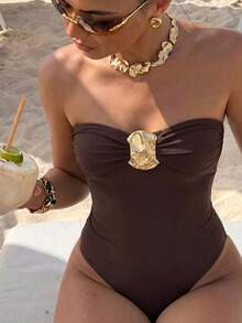 Bikinx Women's Solid Color Ruched Detachable Strap Sexy One-Piece Swimsuit With Metal Decor Vacat... | SHEIN
