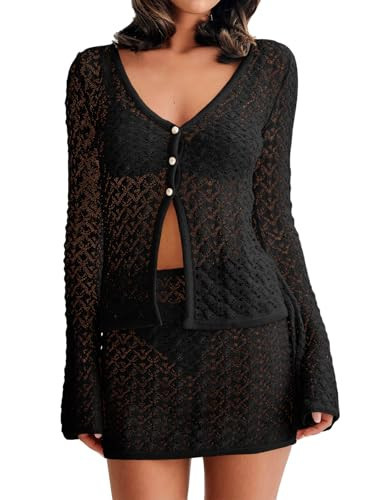 Fisoew Womens Crochet 2 Piece Cover Up V Neck Bell Sleeve Button Cardigan Sheer Mesh Beach Mini Skirt Coverup Set Black | Amazon (US)