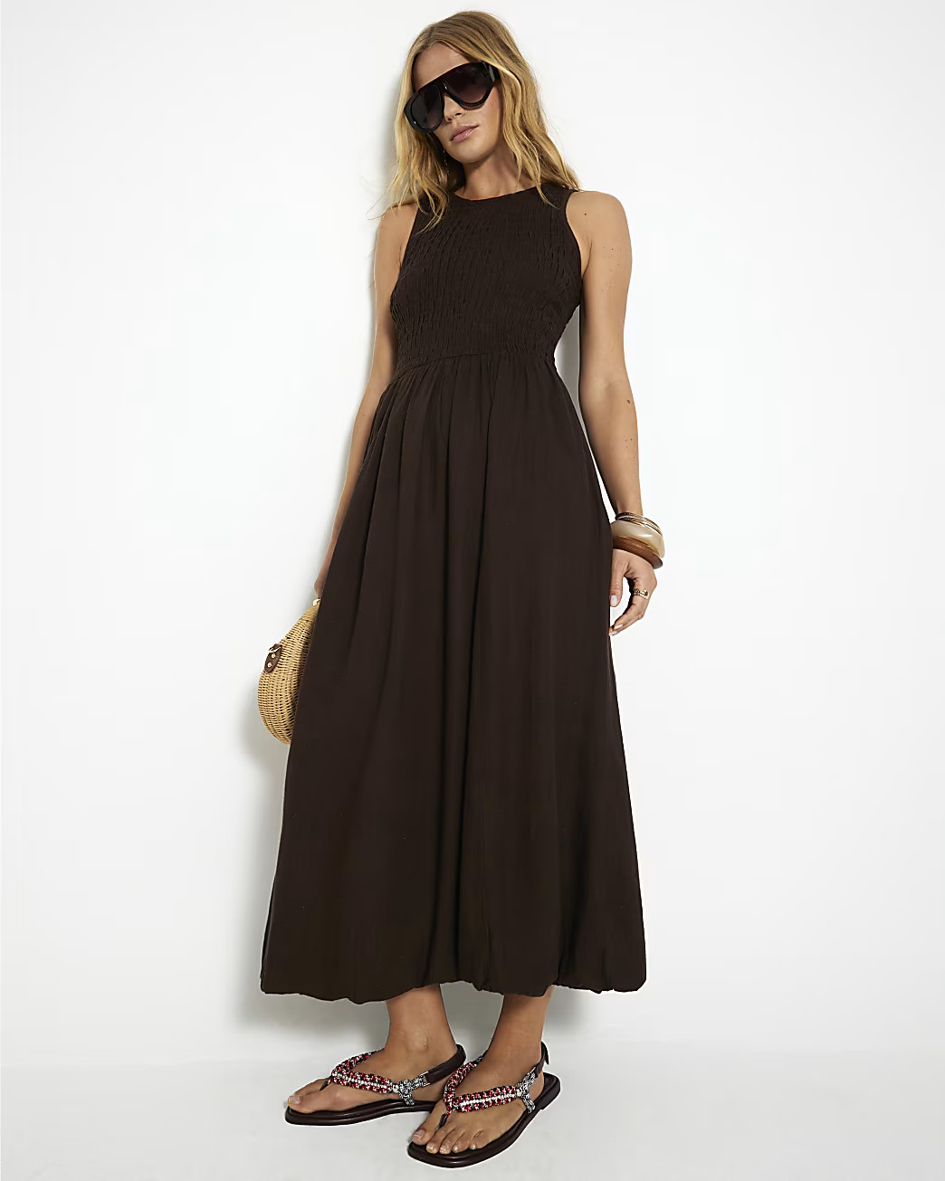 Brown Sleeveless Bubble Hem Racer Midi Dress | River Island UK & IE