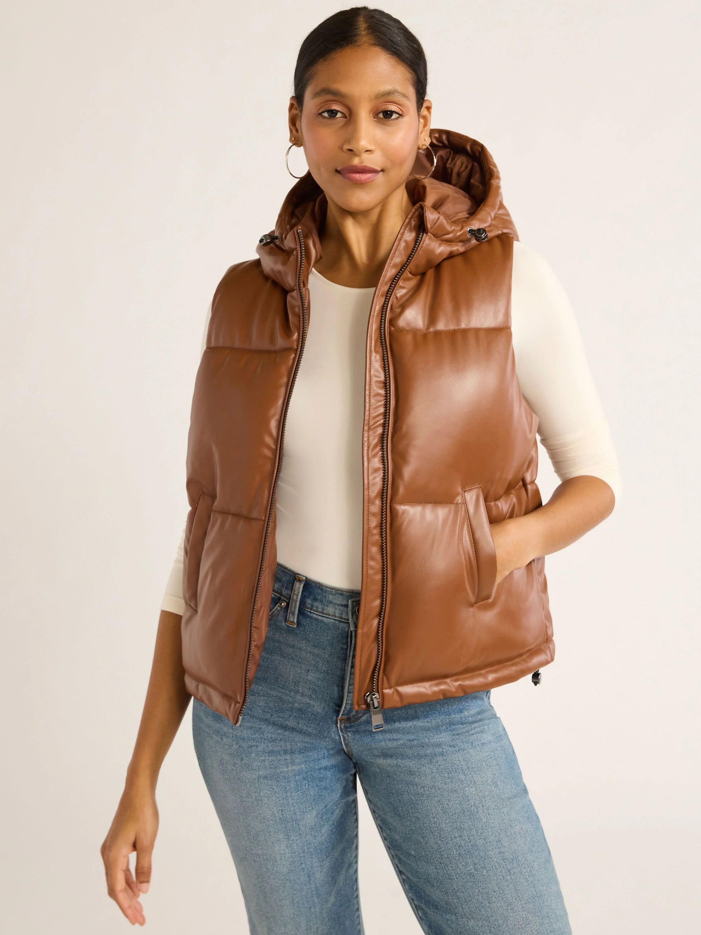 Scoop Women's Faux Leather Hooded Puffer Vest, Midweight, Sizes XS-XXL | Walmart (US)