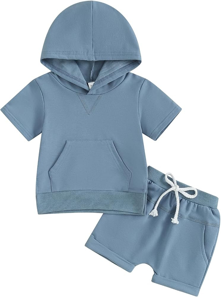 Amazon.com: AEEMCEM Toddler Baby Boy Girl Clothes Solid Color Short Sleeve Hooded T-Shirt and Sho... | Amazon (US)