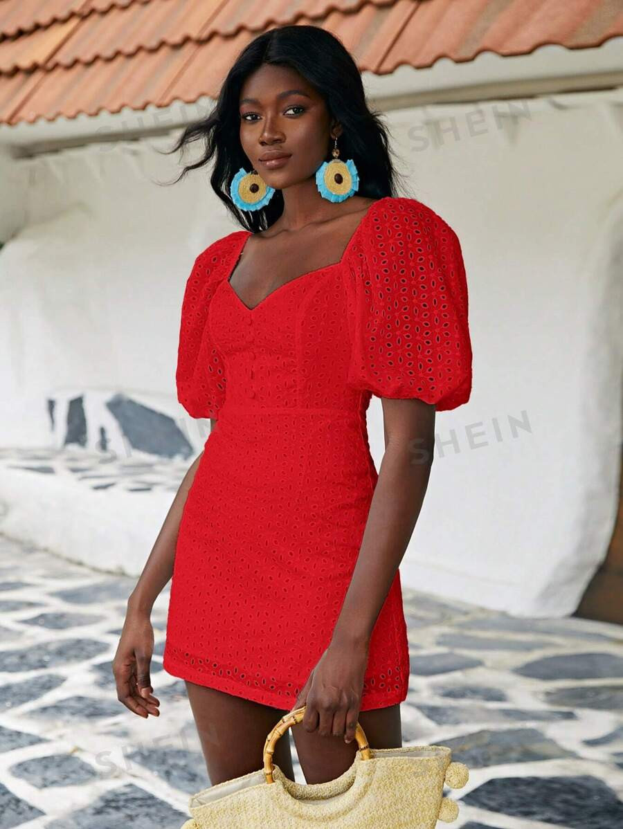 SHEIN VCAY Ladies' Solid Color Hollow Out Embroidery Diamond Collar Bubble Sleeve Dress | SHEIN