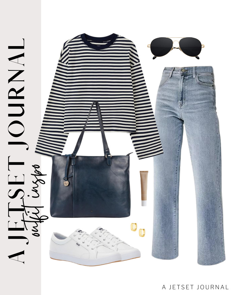 Wear these Keds sneakers with a navy KOSUSANILL striped long-sleeve shirt and KDF straight-leg jeans. This tote handbag and small hoop earrings also match this look. Finish the look with Summer Fridays Lip Butter Balm. 

 #LTKSeasonal #LTKSaleAlert #LTKTravel