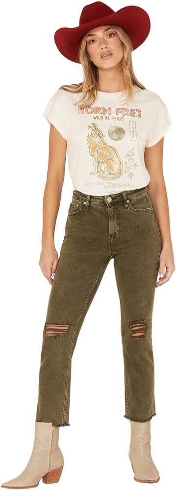 Women's High Rise Ankle Straight Jeans Olive 26W x 27L | Amazon (US)