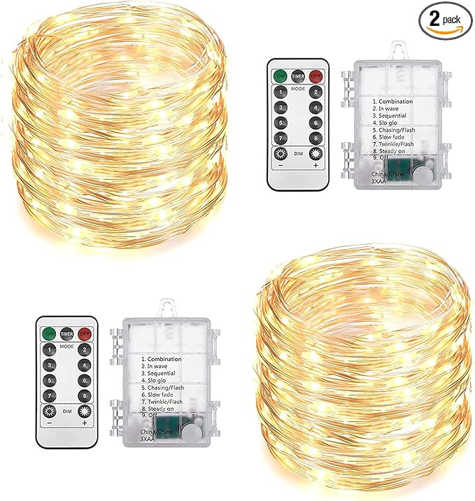 2 Pack Total 200 LED Fairy Lights Battery Operated String Lights with Remote & 8 Modes, 33FT Wate... | Amazon (US)