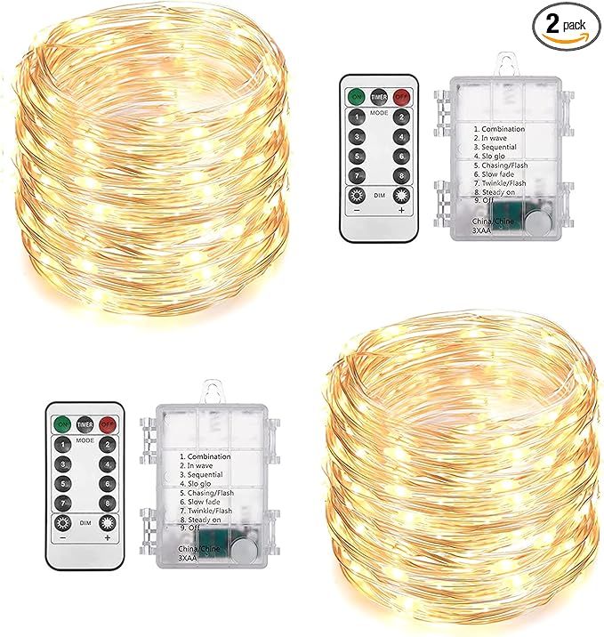 2 Pack Total 200 LED Fairy Lights Battery Operated String Lights with Remote & 8 Modes, 33FT Wate... | Amazon (US)