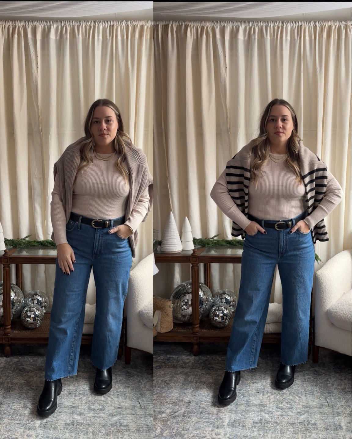 Wide leg jeans- size down in ( they have stretch) / im 5’3 and in the “standard” length but i cut for a raw hem

All jewelry is coming soon to Hazel Tide’s new collection

