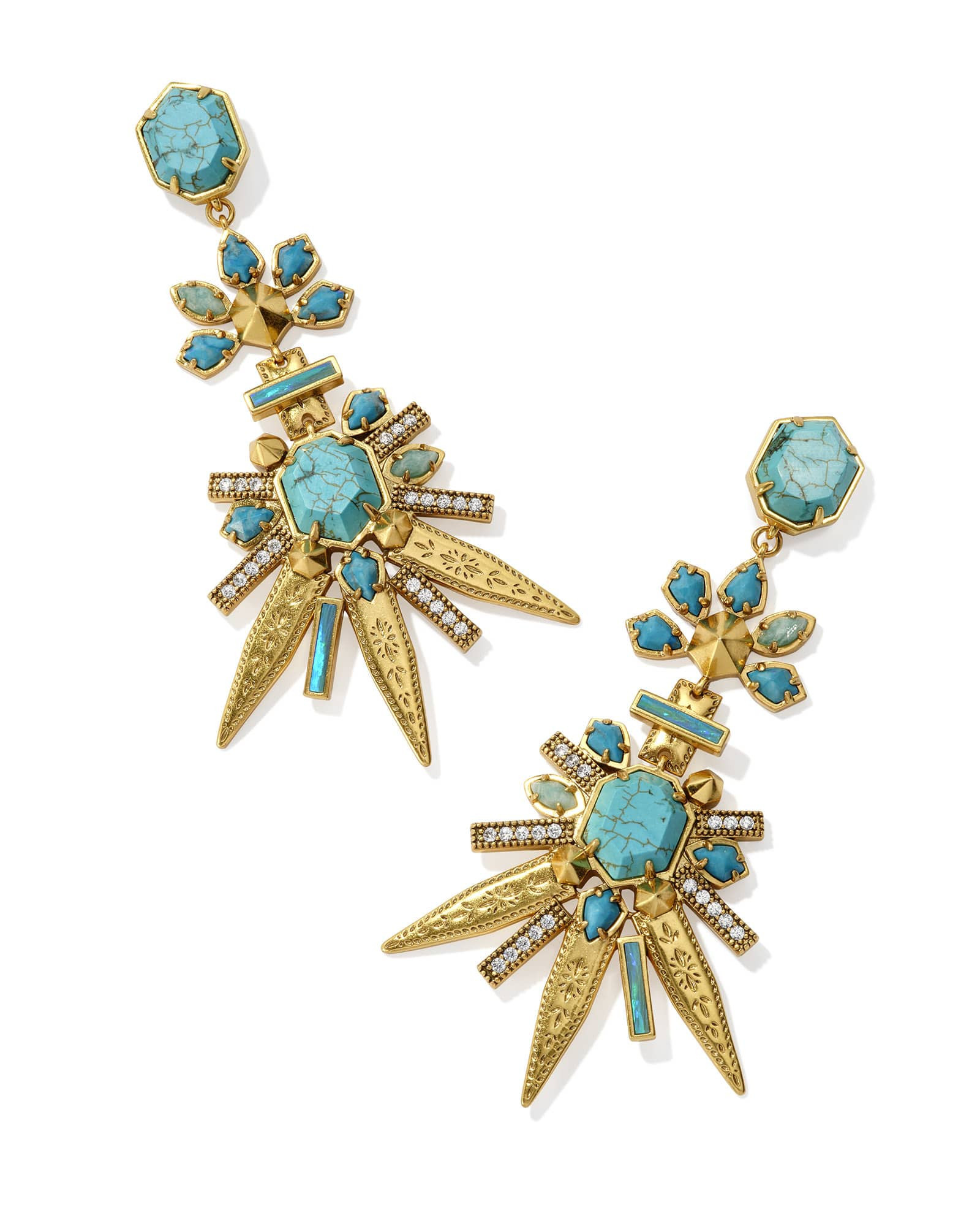 Kendra Scott Serayah Vintage Gold Statement Earrings in Teal Mix | Mixed Stones/Metal | Kendra Scott