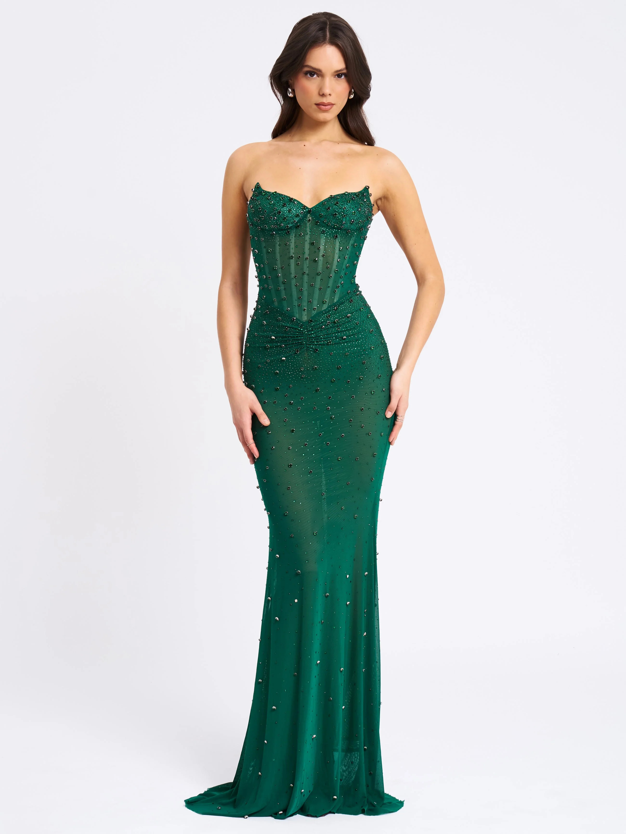 Miss Circle Women Fatima Green Crystal Sleeveless Corset Mermaid Maxi Dress | Shop Simon
