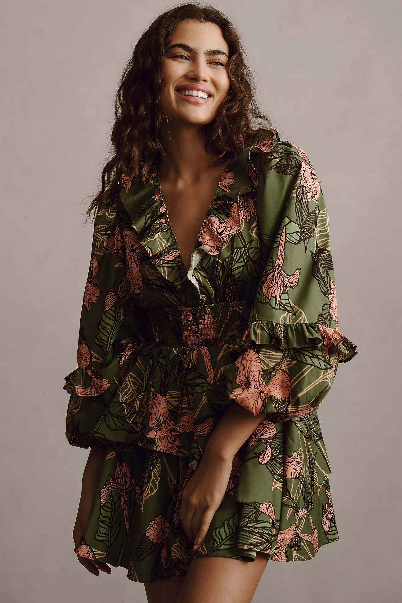 Hutch Long-Sleeve V-Neck Ruffle Mini Dress | Anthropologie (US)
