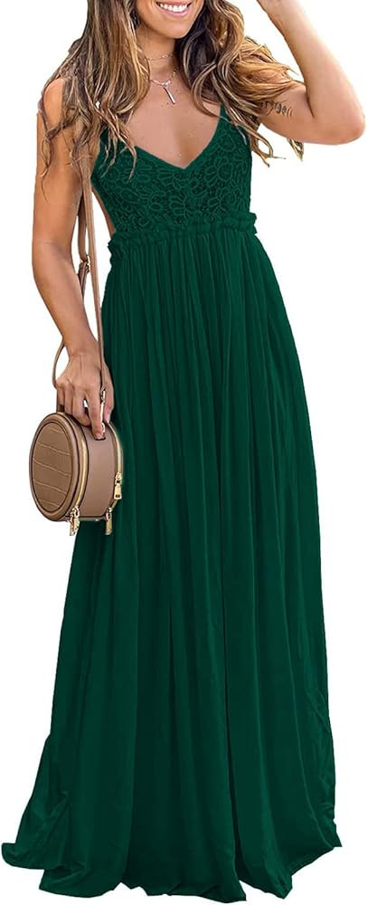 Ladmous Women's V Neck Floral Lace Wedding Dress Sleeveless Bridesmaid Evening Party Maxi Dress | Amazon (US)