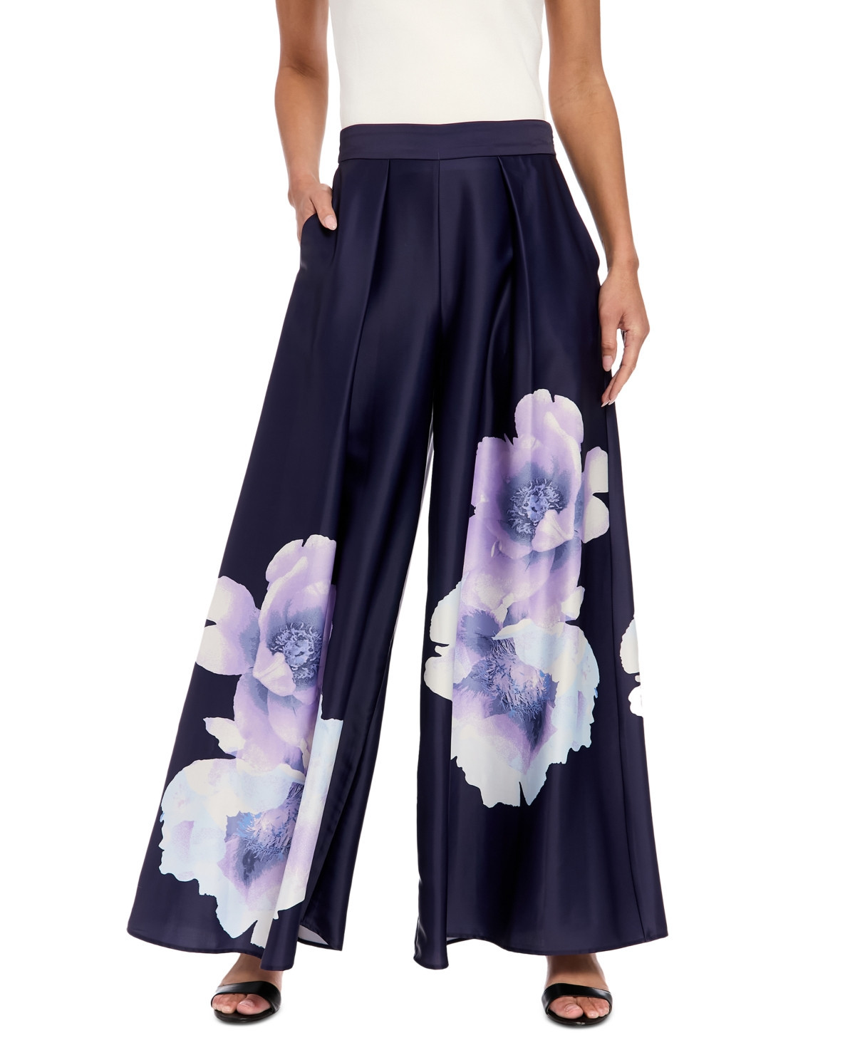Muse Women's Floral Satin Pleated Wide-Leg Pants - Navy/Lilac/Blue | Macy's Canada
