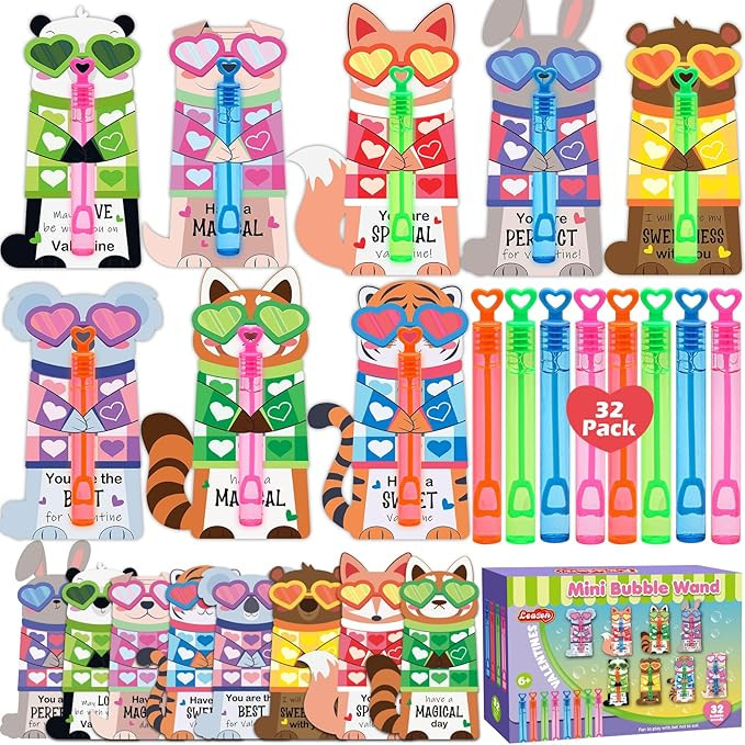 LEASEN 32 Pack Mini Bubble Wands with Valentines Animal Themes Greeting Cards for Kids, Valentine... | Amazon (US)