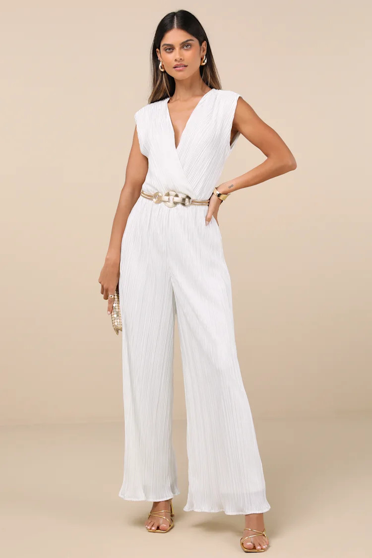 Firenze White Plisse Surplice Sleeveless Wide-Leg Jumpsuit | Lulus