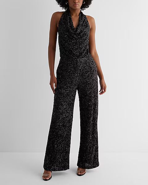 Sequin Halter Cowl Neck Wide Leg Jumpsuit | Express