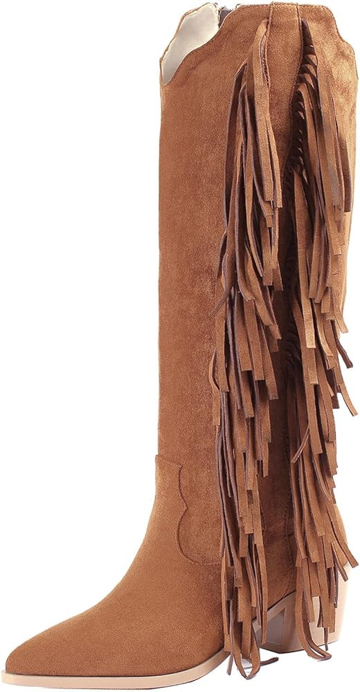 KiutSymo Cowgirl Fringe Boots For Women White Tassels Cowboy Boots Knee High Pointed Toe Western ... | Amazon (US)