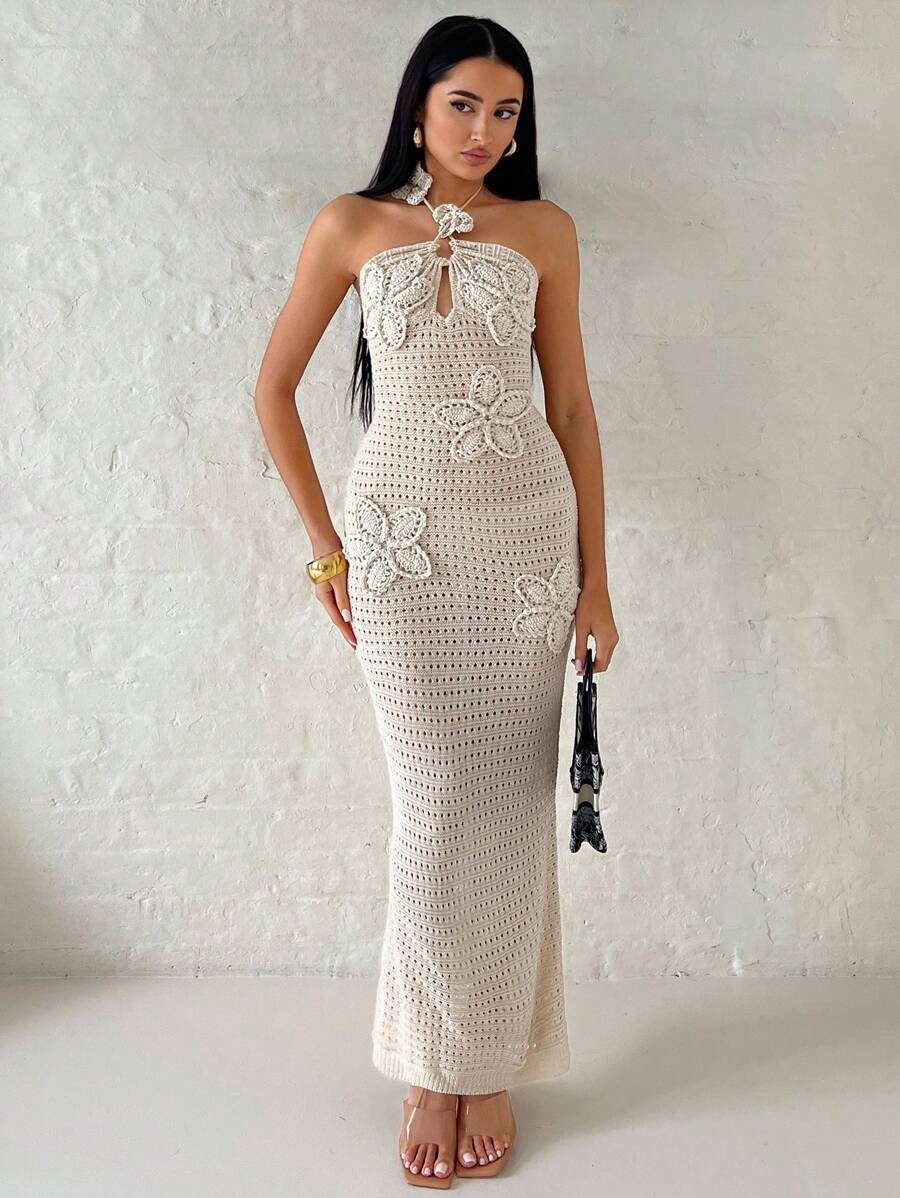 SHEIN BAE Women's Solid Color 3D Floral Decor Sexy Halter Knitted Dress | SHEIN