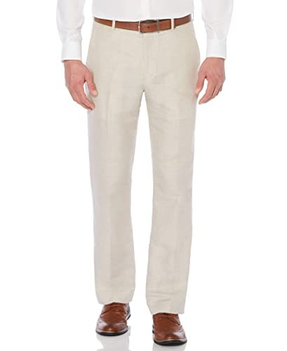 Perry Ellis Men's Essentials Linen Dress Pant, Modern Fit, Solid Twill, Lightweight (Waist Size 29 - 42), 50W x 30L (Big), Natural Linen Herringbone | Amazon (US)