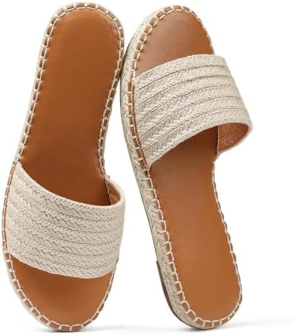 Tscoyuki Womens Flat Sandals Dressy Summer Slip On Resort Womens Sandals Raffia Beach Sandals Ope... | Amazon (US)