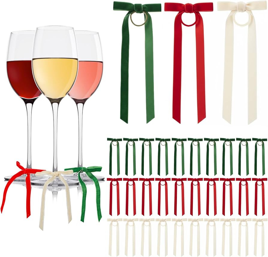 30 Pcs Christmas Wine Glasses Bow Velvet Drink Markers Charms with Hook and Loop Wine Tags Christ... | Amazon (US)