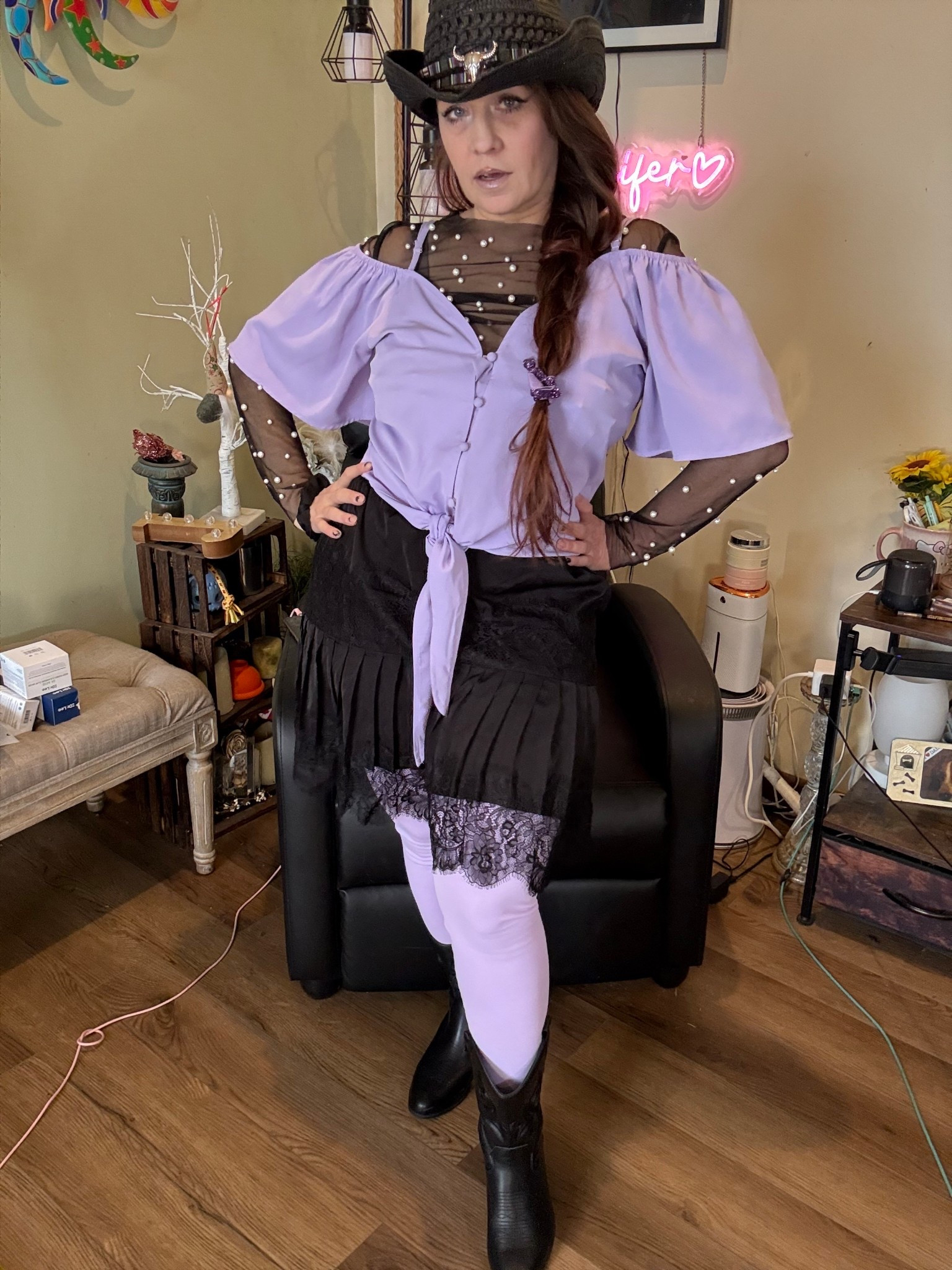 Lavender dreams with a little western twist 💜🤠
Perfect for this unpredictable Ohio weather—layered up in a Y2K skirt with leggings, cowboy boots, and a mesh top with pearls peeking through under my lavender tee ✨
Topped it off with a cowboy hat because… why not be a little extra? 💁‍♀️
Soft, feminine, and a little country—this look is giving cozy meets confident all day 💜
#OOTD #WesternChic #OhioStyle #Over40Fashion #CowgirlEnergy #LayeredLooks 

#LTKOver40 #LTKSaleAlert #LTKootd