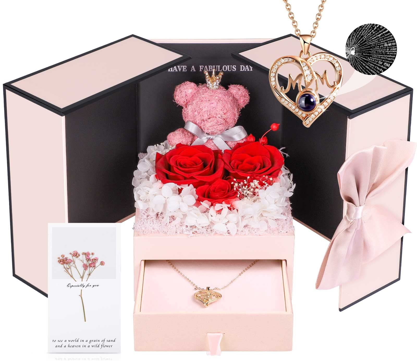 ADDWel Preserved Real Roses with I Love You in 100 Languages Mom Necklace Set, Unique Mothers Day Set for Mom from Son and Daughter, Birthday Gift Box for Mama Mother | Amazon (US)